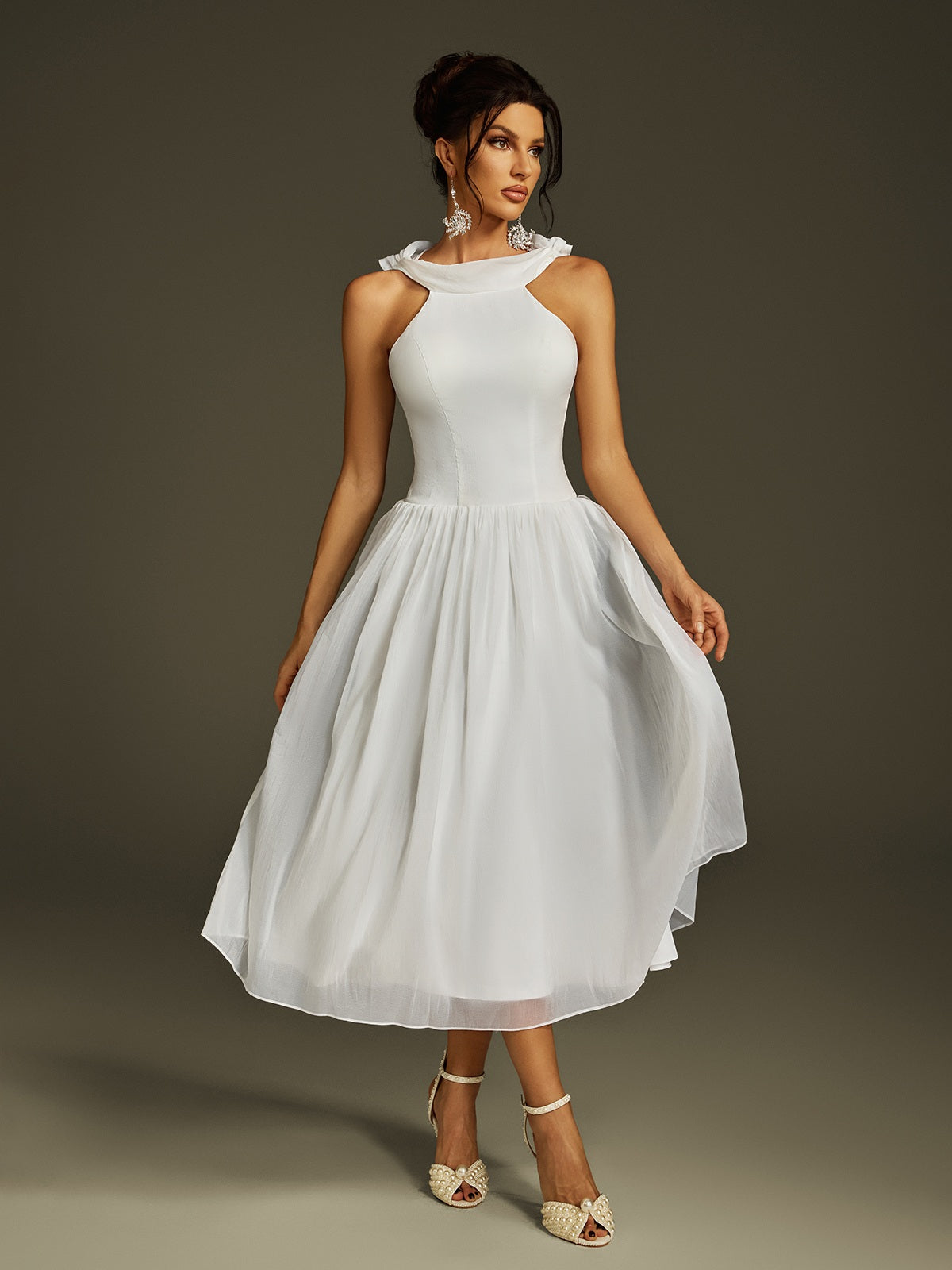 Halter Draped Neck Wrap Back Pleated Chiffon Midi Dress 2