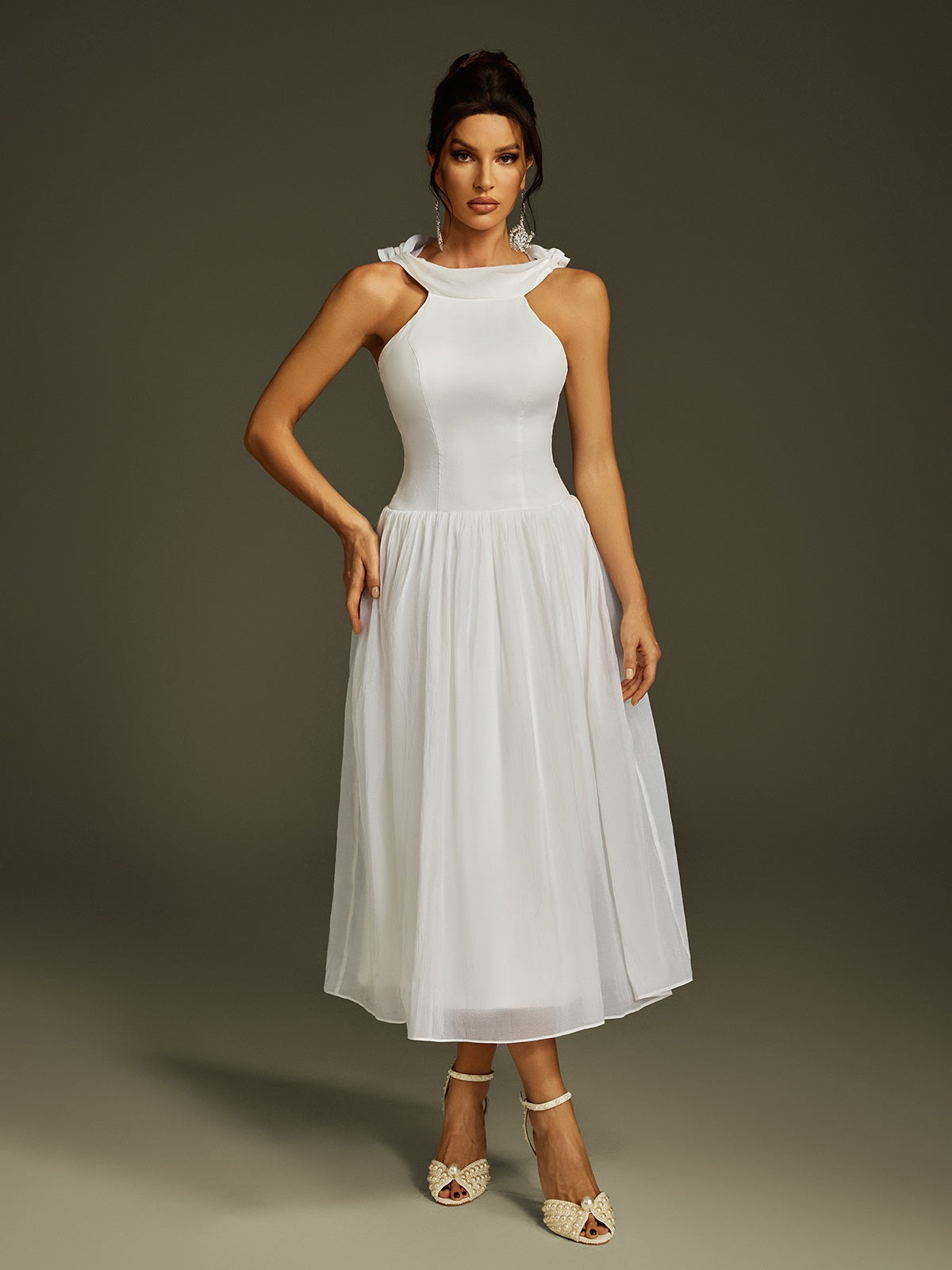 Halter Draped Neck Wrap Back Pleated Chiffon Midi Dress 4