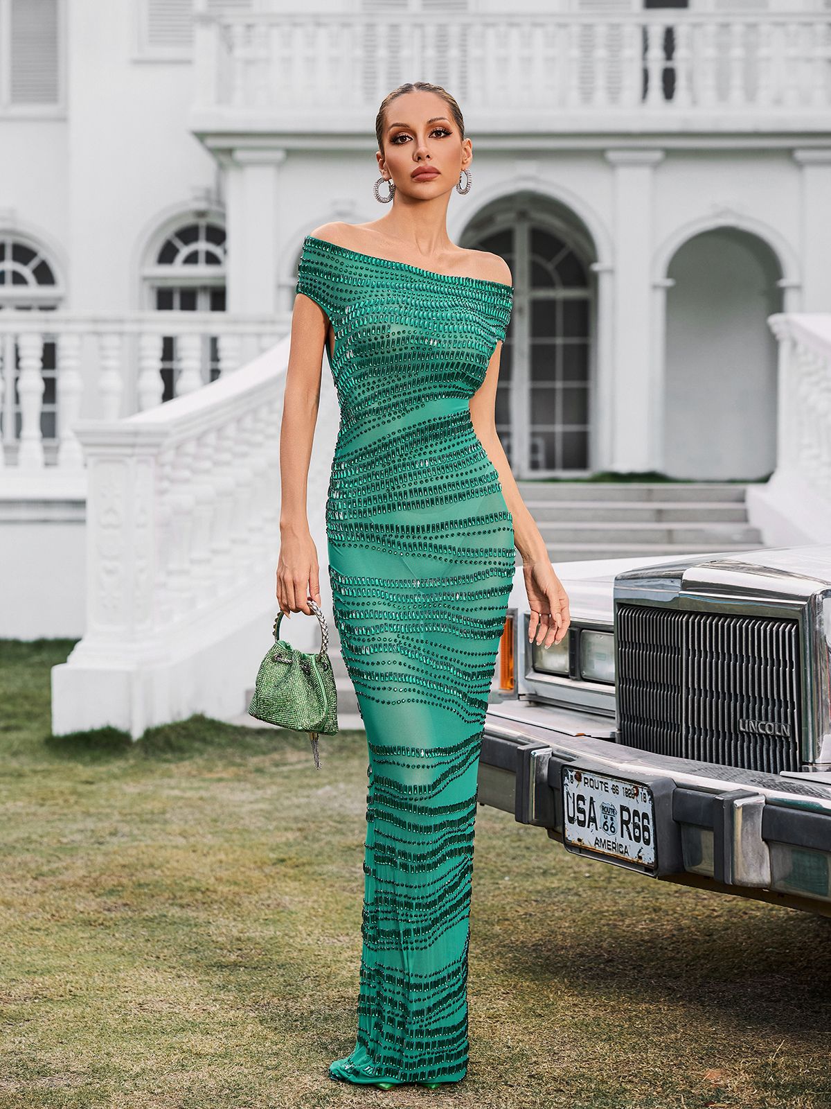 Off Shoulder One Sleeve Sequin Stripe Mesh Column Maxi Gown