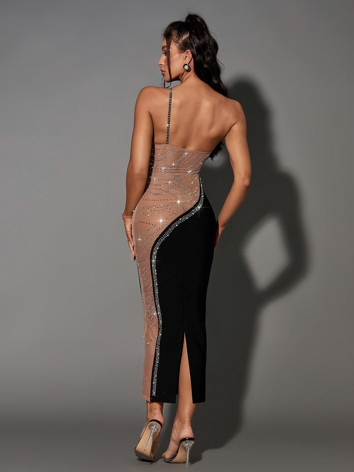 One Shoulder Mesh Panel Rhinestone Bandage Midi Dress 5