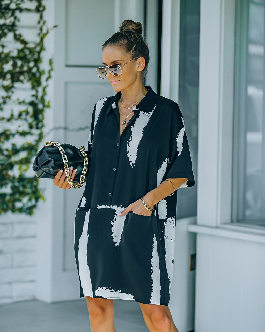 Collared Brushstroke Print Pocket Shirt Mini Dress 6