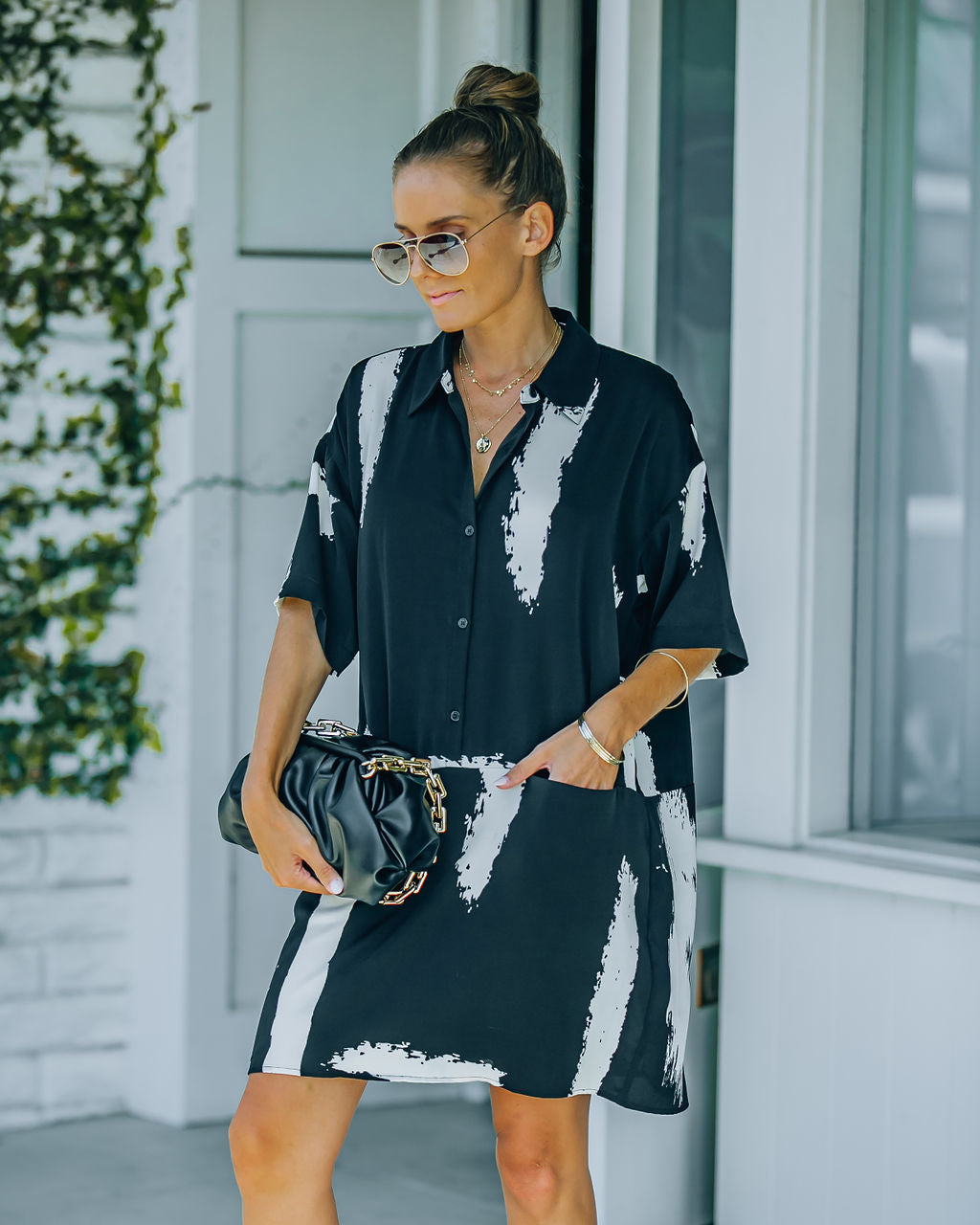 Collared Brushstroke Print Pocket Shirt Mini Dress 7