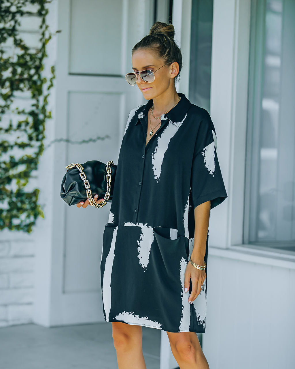 Collared Brushstroke Print Pocket Shirt Mini Dress 3