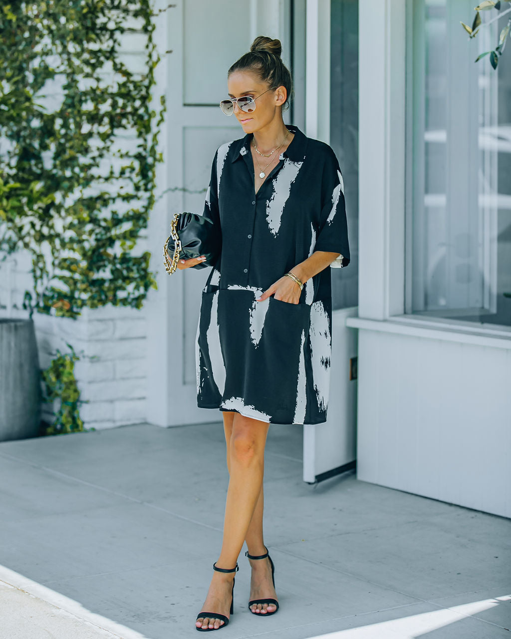 Collared Brushstroke Print Pocket Shirt Mini Dress 5