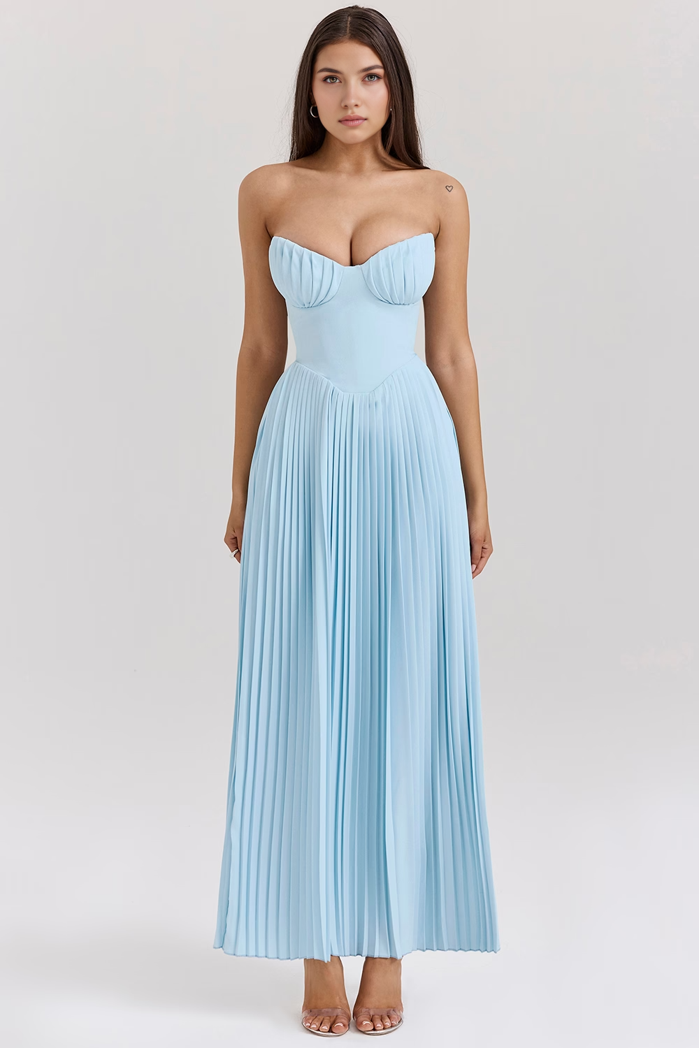 Strapless Sweetheart Ruched Bust Basque Waist Pleated Floor-Length Gown