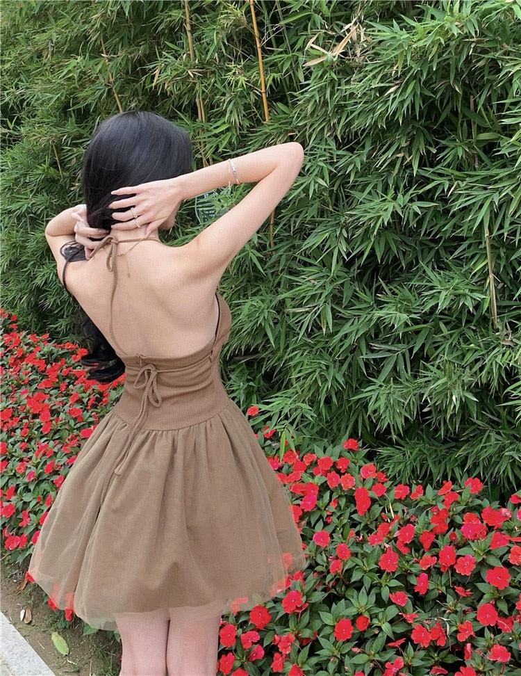 Halter Lace Up Corset Waist Tulle Puff Skirt Mini Dress 2