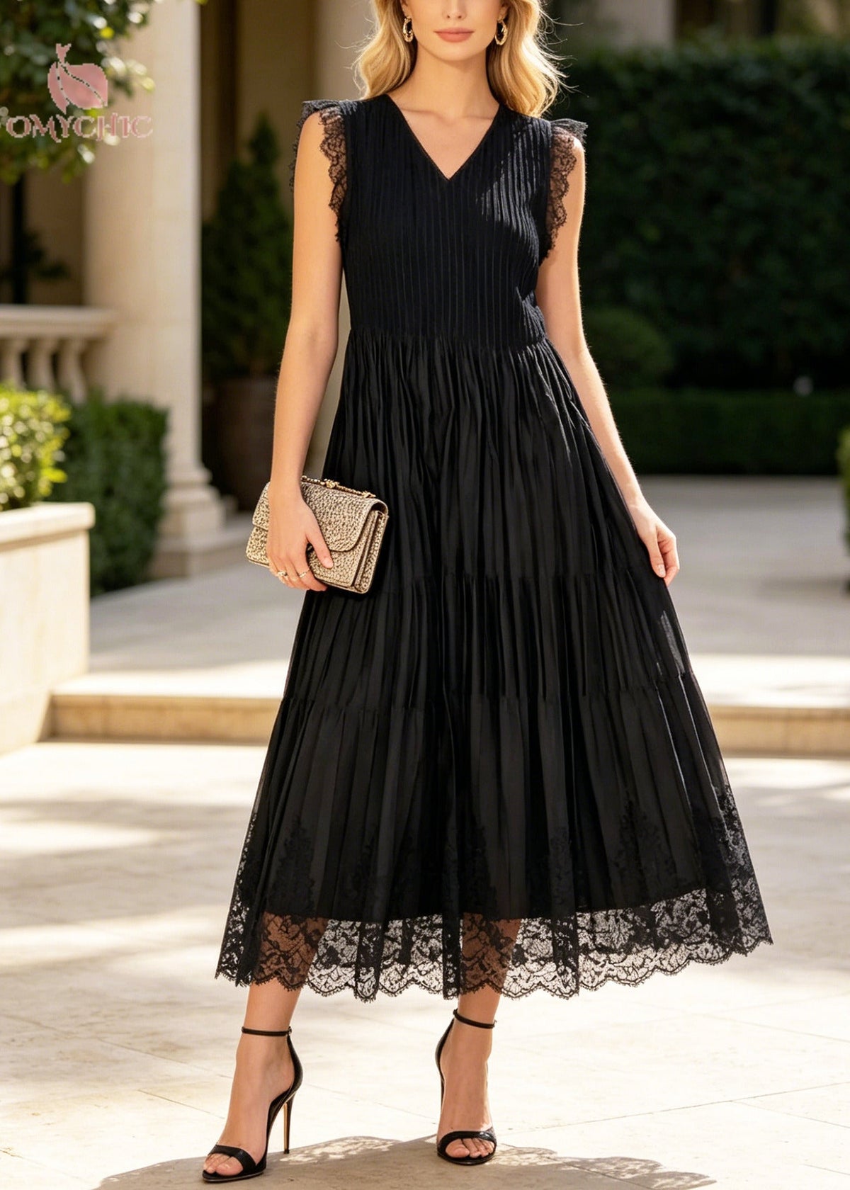 V-Neck Rib Knit Bodice Tiered Pleated Lace Trim Scalloped Hem Maxi Dress