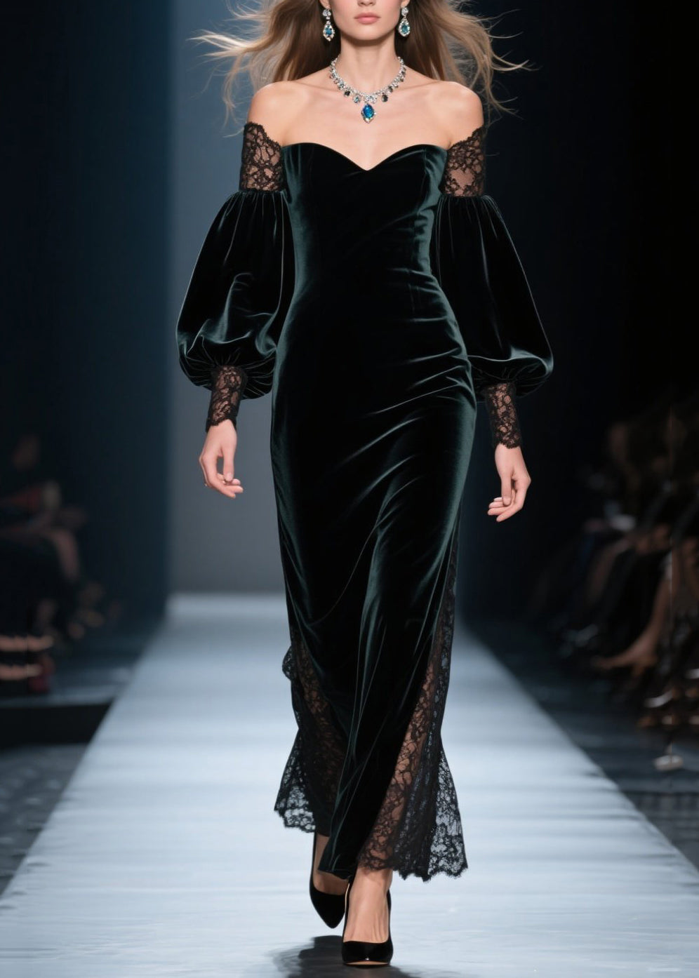 Off-Shoulder Lace Panel Puff Sleeve Side Lace Insert Velvet Maxi Gown