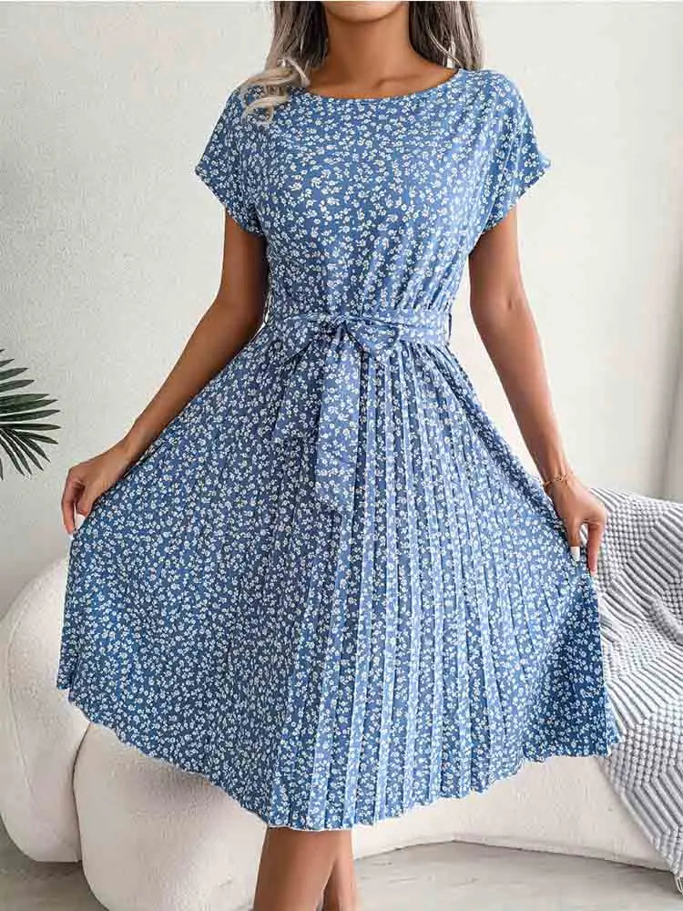 Ditsy Floral Cap Sleeve Round Neck Belted Pleated Fit and Flare Midi Dress 8
