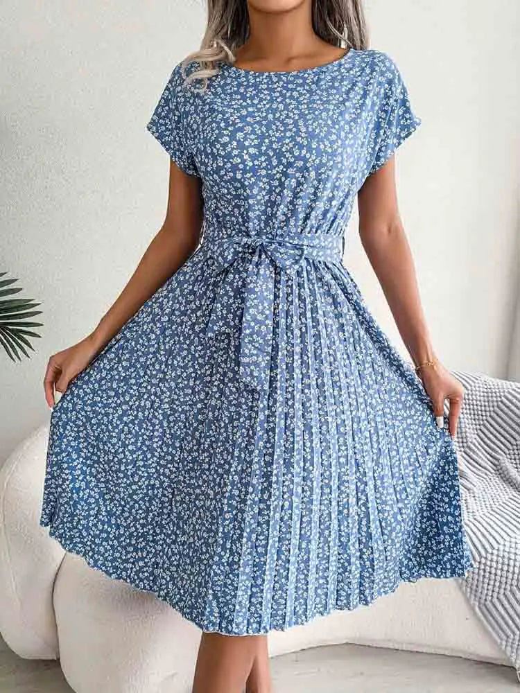 Ditsy Floral Cap Sleeve Round Neck Belted Pleated Fit and Flare Midi Dress 5