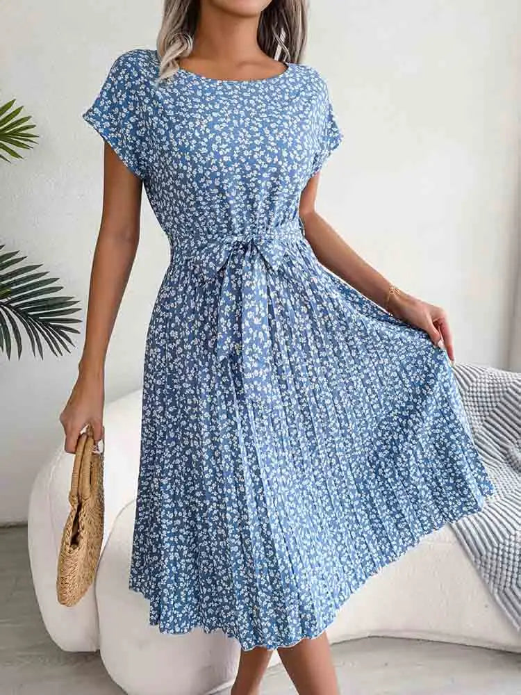 Ditsy Floral Cap Sleeve Round Neck Belted Pleated Fit and Flare Midi Dress 4