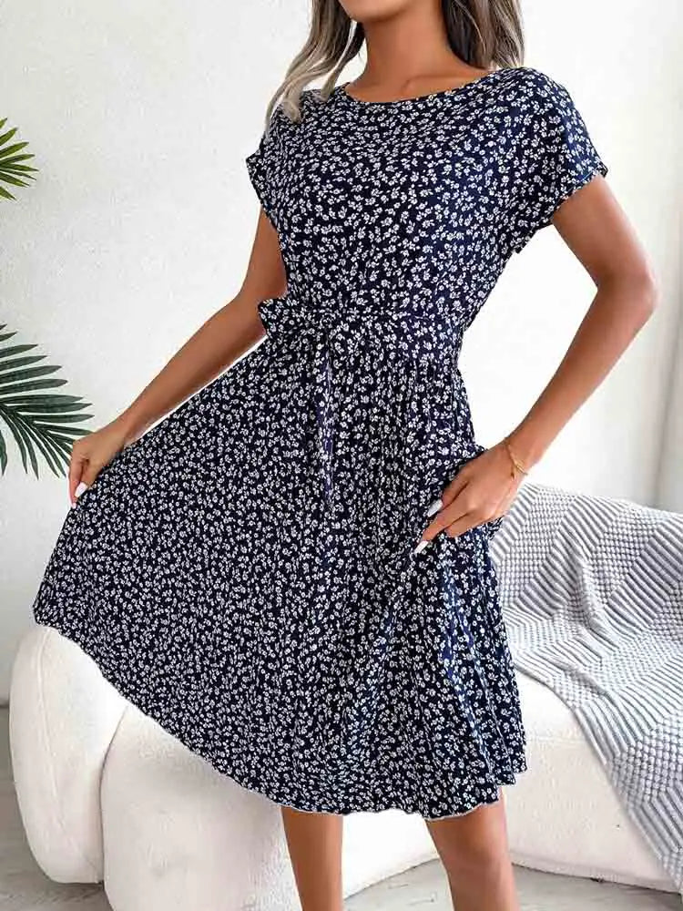 Ditsy Floral Cap Sleeve Round Neck Belted Pleated Fit and Flare Midi Dress 3