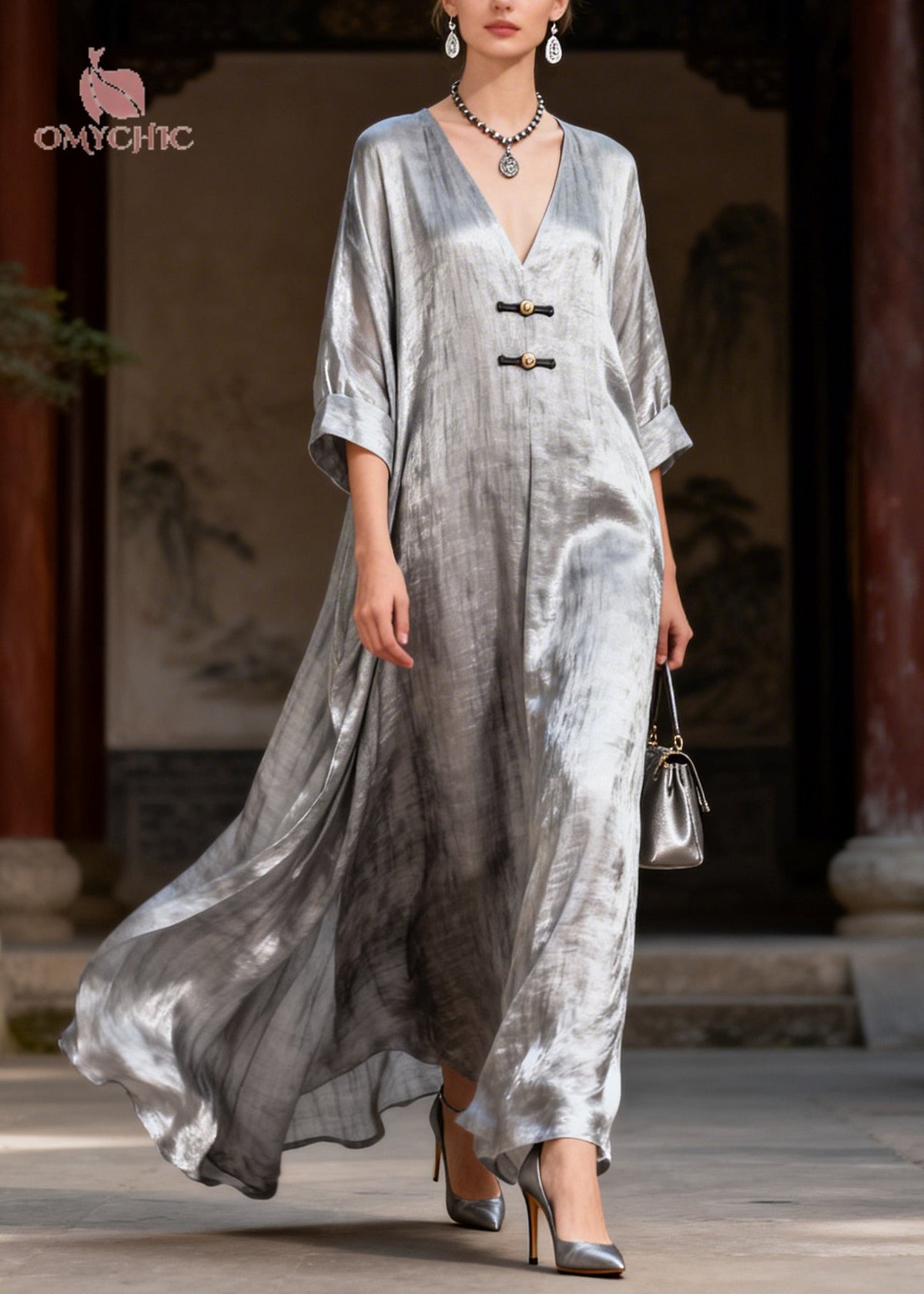 Deep V-Neck Frog Button Crinkle Metallic Wide Sleeve Maxi Gown 3