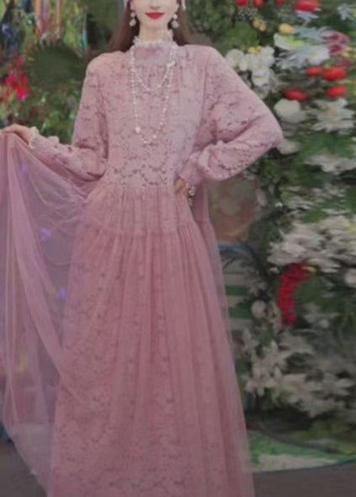 Floral Lace Mock Neck Long Sleeve Tiered Tulle Maxi Dress 5