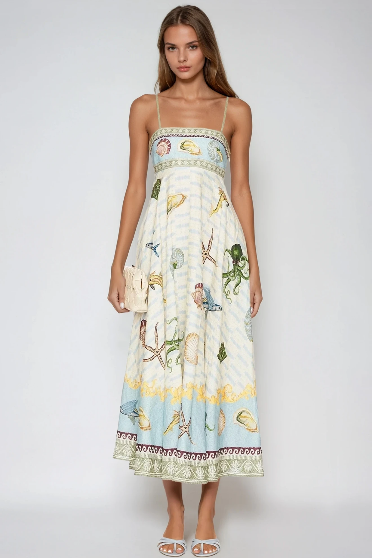 Square Neck Spaghetti Strap Sea Life Nautical Print A Line Midi Dress 2