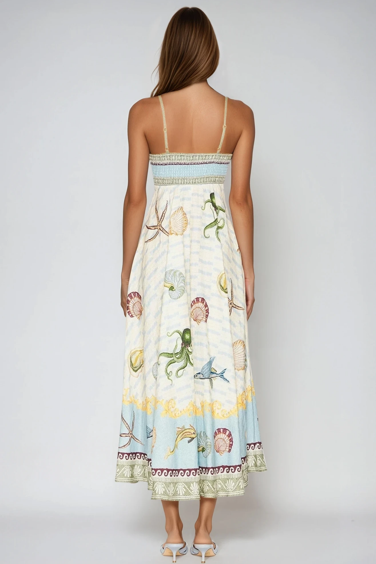 Square Neck Spaghetti Strap Sea Life Nautical Print A Line Midi Dress 4