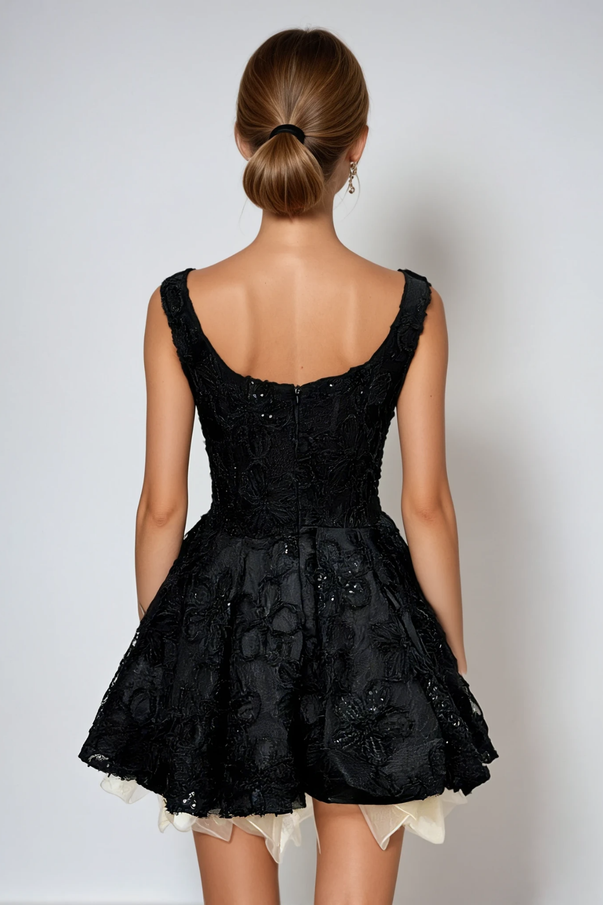 Square Neck Corset Bone Floral Lace Sequin Tiered Crinoline Hem Mini Dress 4