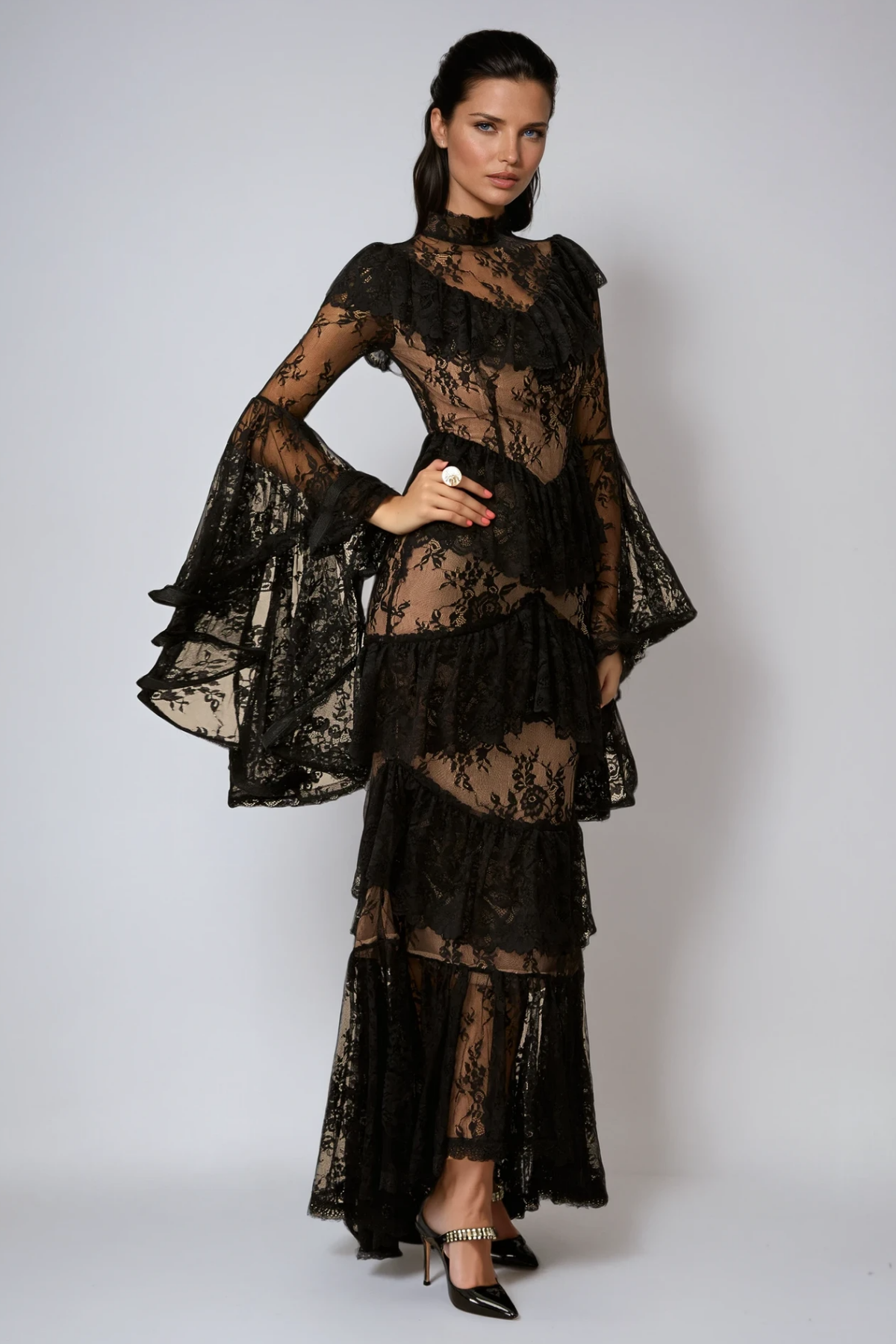 Mock Neck Lace Ruffle Shoulder Tiered Bell Sleeve High Low Ruffle Maxi Dress 3