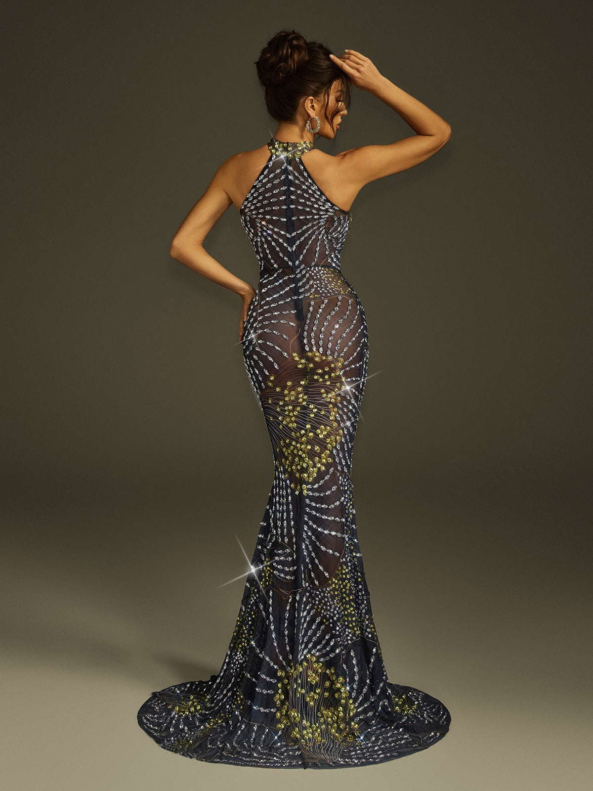 Strapless Crystal Mesh Mermaid Flare Train Maxi Gown 6