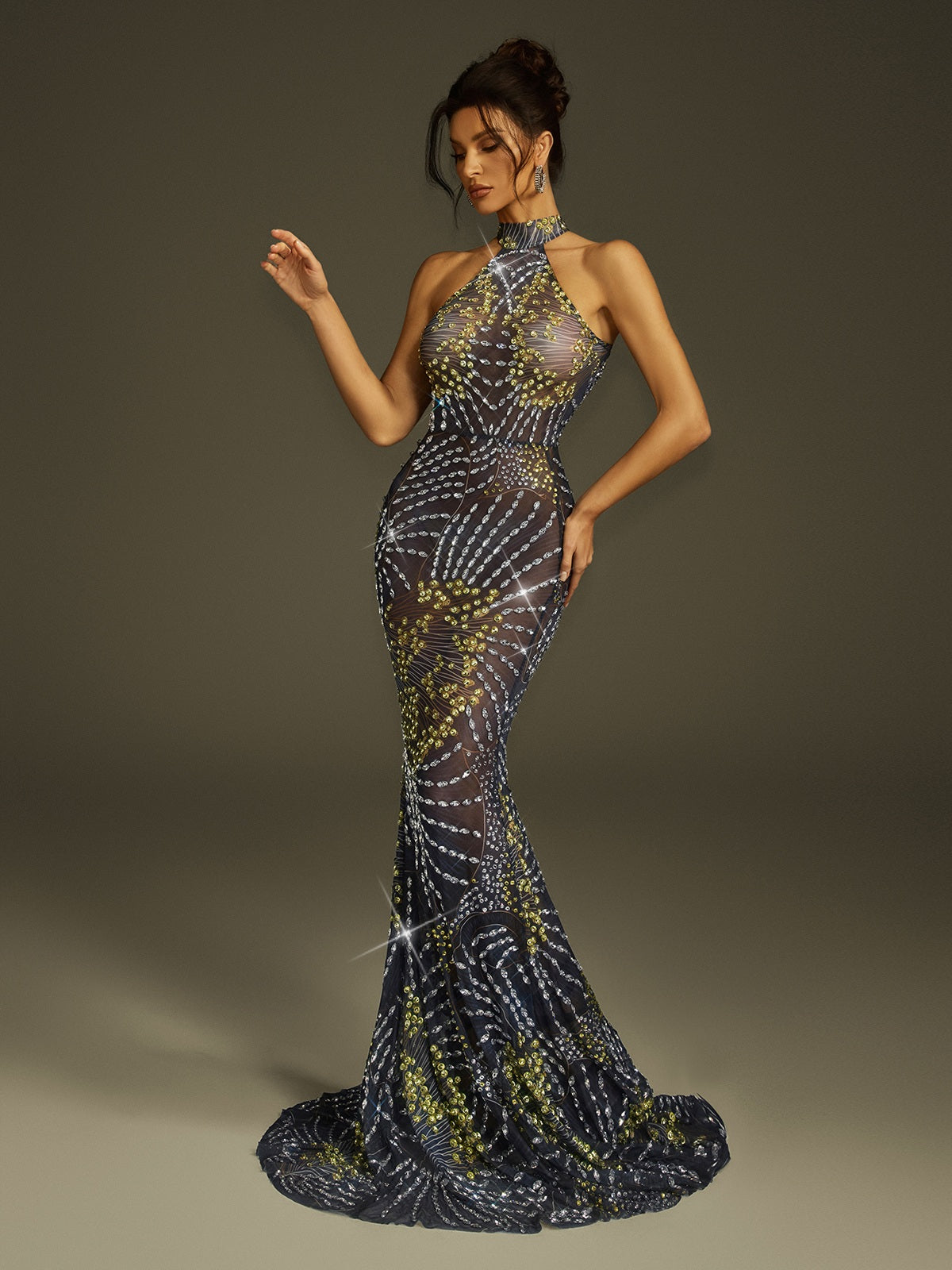 Strapless Crystal Mesh Mermaid Flare Train Maxi Gown 4