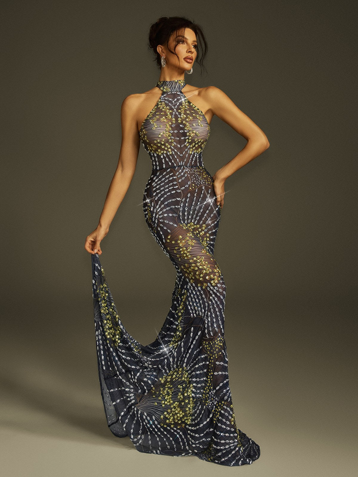 Strapless Crystal Mesh Mermaid Flare Train Maxi Gown 2