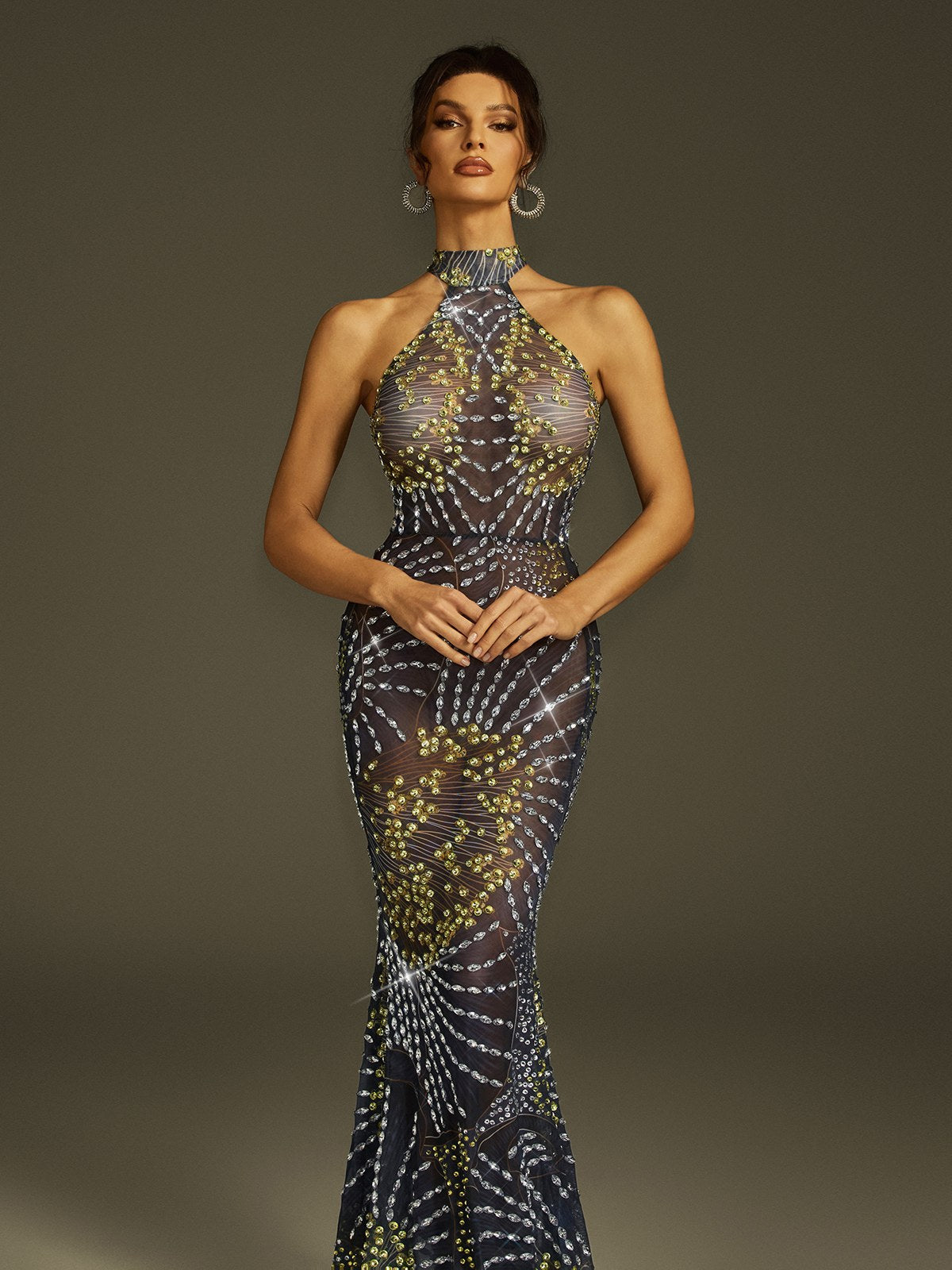 Strapless Crystal Mesh Mermaid Flare Train Maxi Gown 3