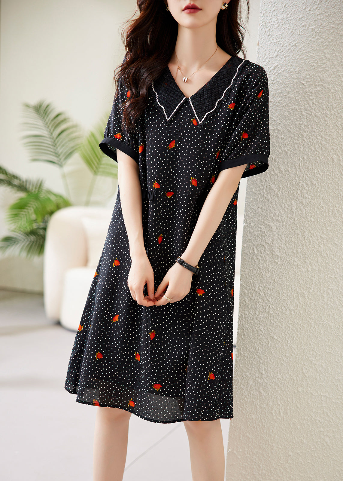 V-Neck Pointed Collar Polka Dot Floral Lace Trim Short Sleeve Midi Dress 2