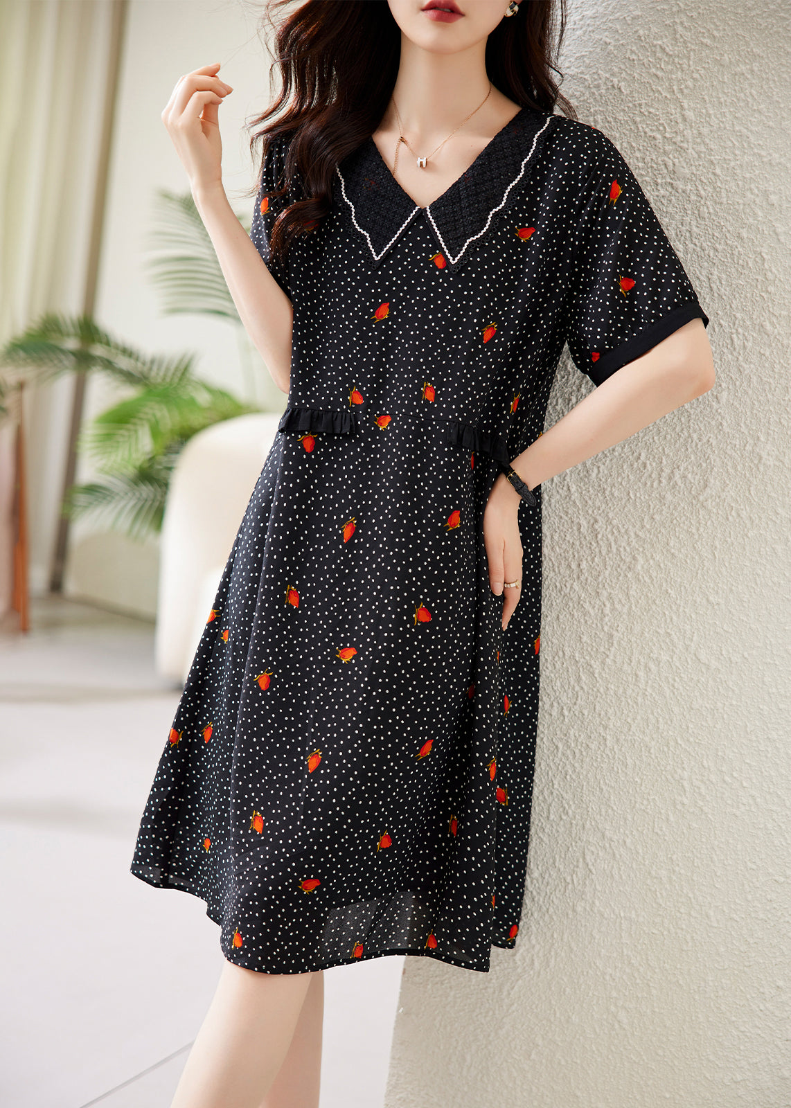 V-Neck Pointed Collar Polka Dot Floral Lace Trim Short Sleeve Midi Dress 3