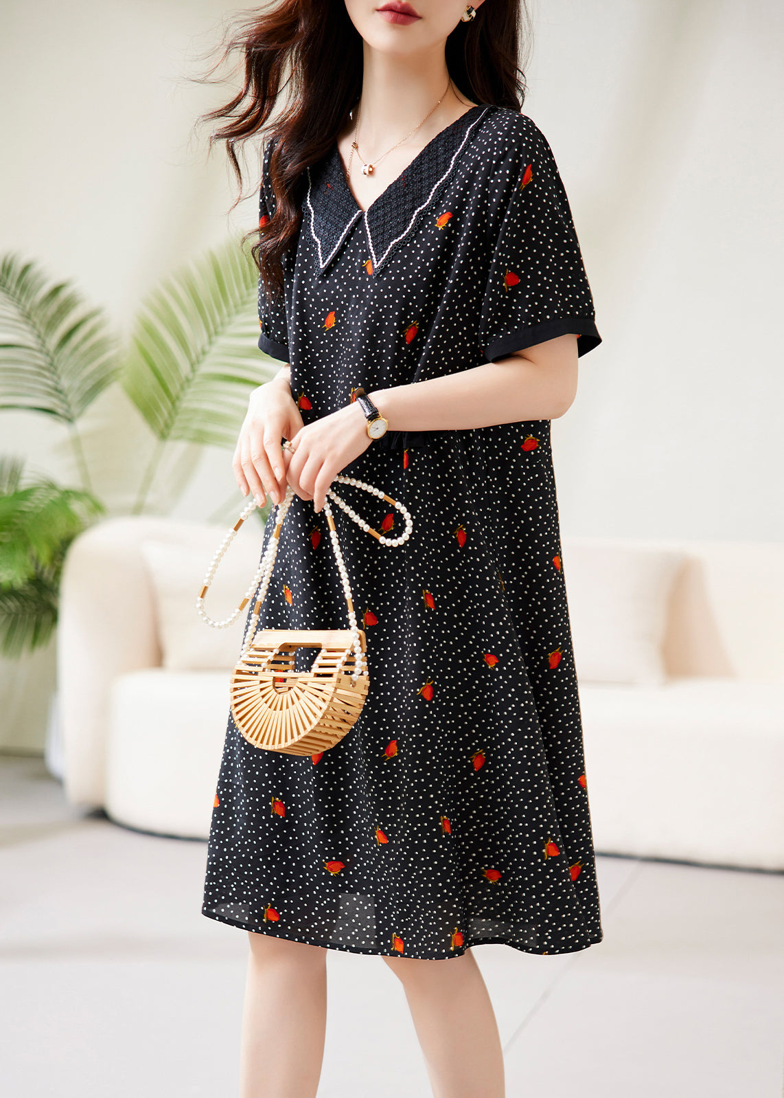 V-Neck Pointed Collar Polka Dot Floral Lace Trim Short Sleeve Midi Dress 4