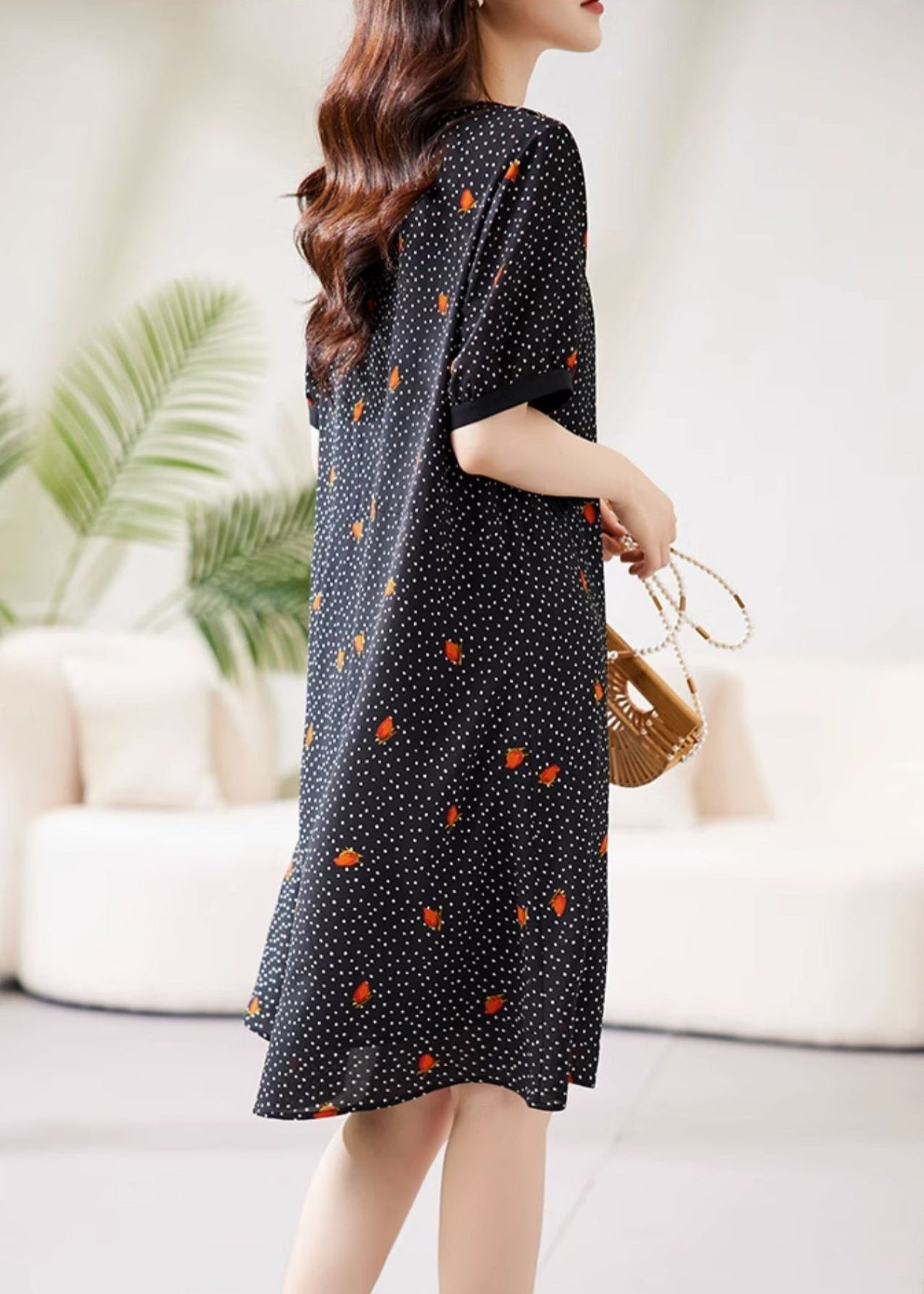 V-Neck Pointed Collar Polka Dot Floral Lace Trim Short Sleeve Midi Dress 5