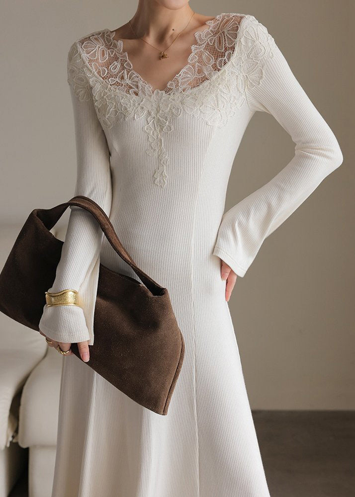 Lace Trim V Neck Ribbed Knit Bell Sleeve Midi Sweater Dress 2