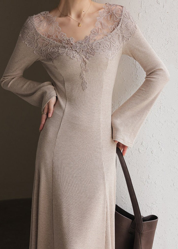 Lace Trim V Neck Ribbed Knit Bell Sleeve Midi Sweater Dress 3