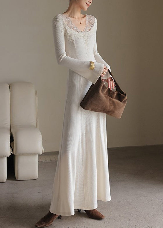 Lace Trim V Neck Ribbed Knit Bell Sleeve Midi Sweater Dress 4