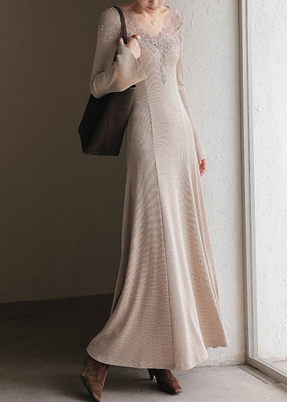 Lace Trim V Neck Ribbed Knit Bell Sleeve Midi Sweater Dress 5