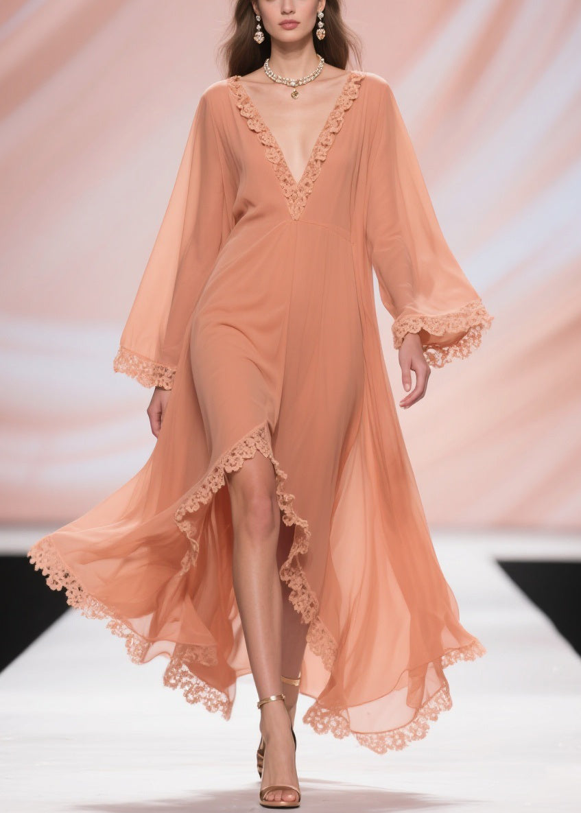 Deep V-Neck Bell Sleeve Crochet Trim High-Slit Maxi Gown