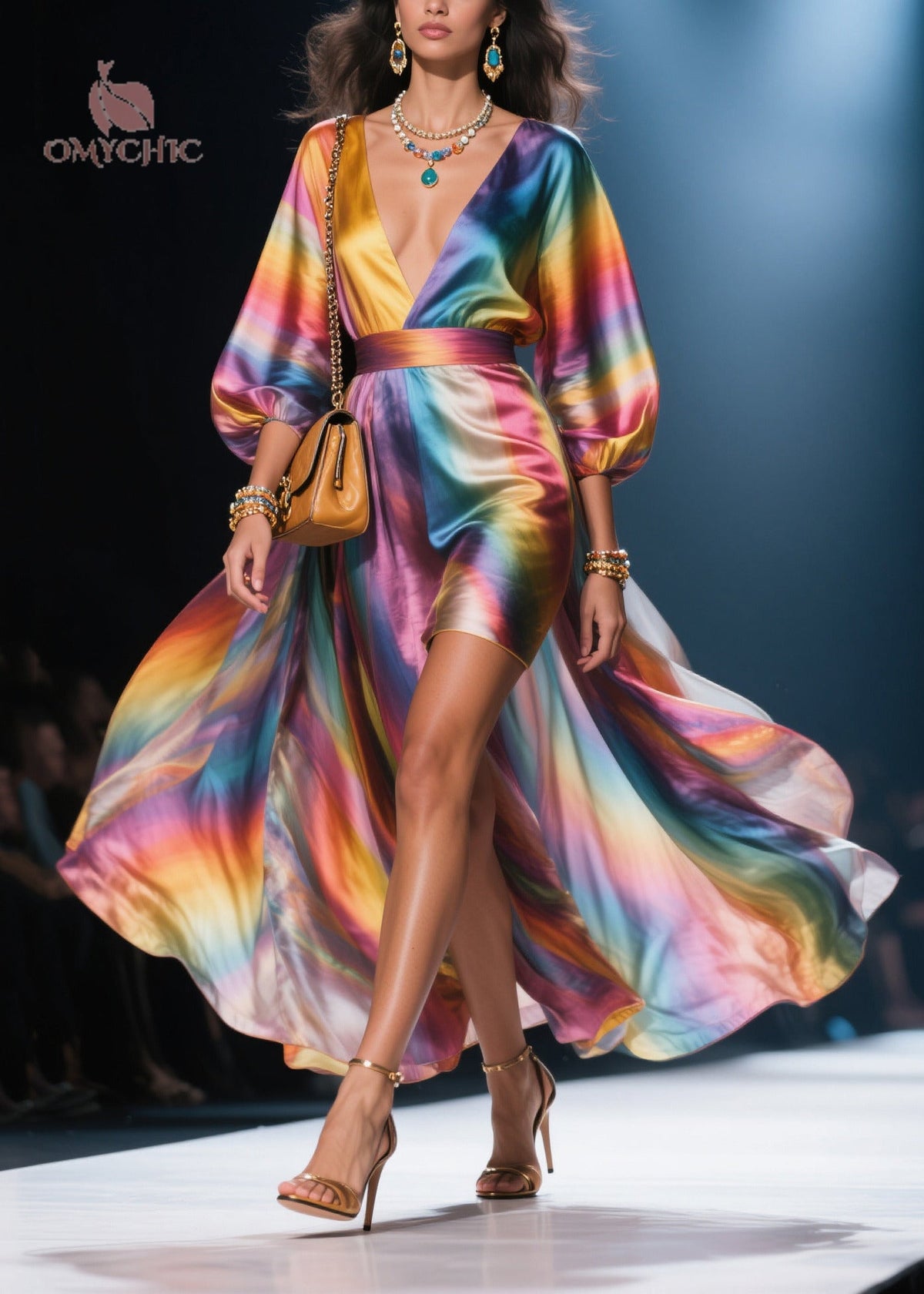 Deep V-Neck Balloon Sleeve Satin Rainbow Gradient High-Slit Maxi Dress 3