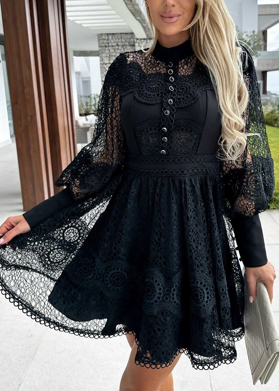 Lace Mock Neck Button Front Puff Sleeve Scalloped Mini Dress