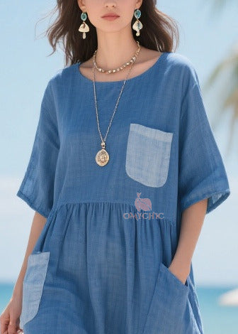 Round Neck Smock Waist Contrast Pocket Sheer Mesh Hem Midi Dress 2