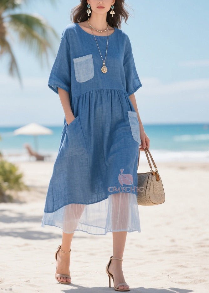 Round Neck Smock Waist Contrast Pocket Sheer Mesh Hem Midi Dress 3