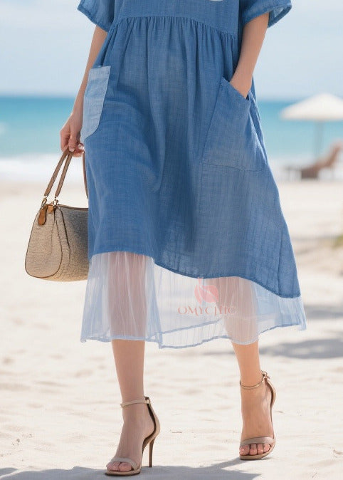 Round Neck Smock Waist Contrast Pocket Sheer Mesh Hem Midi Dress 4