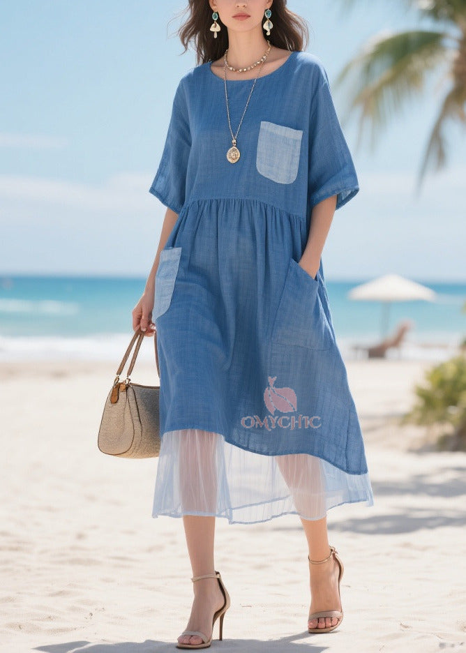 Round Neck Smock Waist Contrast Pocket Sheer Mesh Hem Midi Dress 5