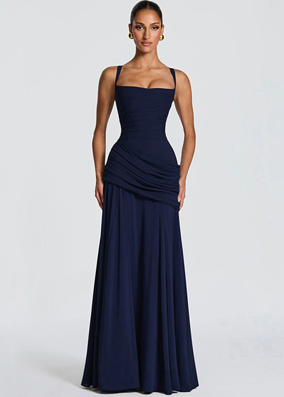 Square Neck Ruched Draped Hip Wrap Column Maxi Gown 2