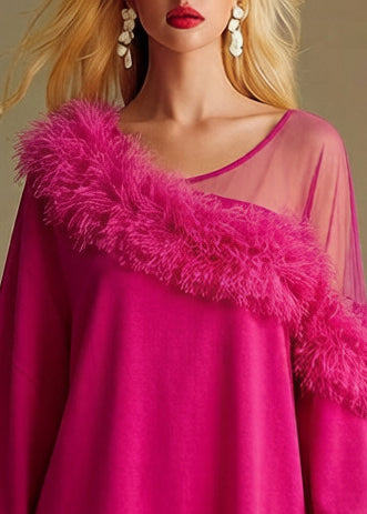 Asymmetric Neck Mesh Panel Faux Fur Trim Sweatshirt Mini Dress 2
