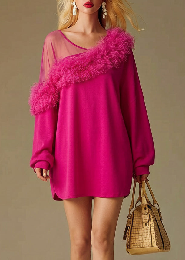 Asymmetric Neck Mesh Panel Faux Fur Trim Sweatshirt Mini Dress 3