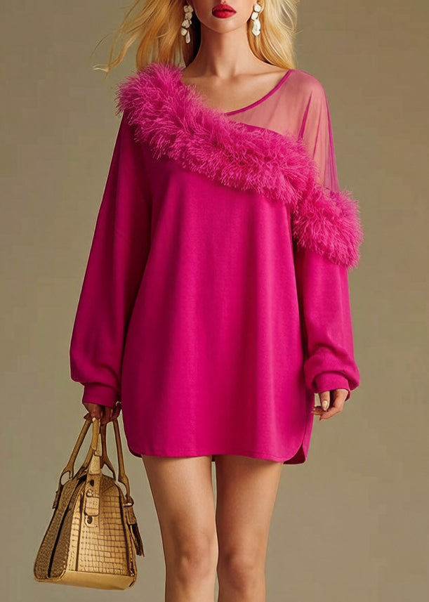 Asymmetric Neck Mesh Panel Faux Fur Trim Sweatshirt Mini Dress 5