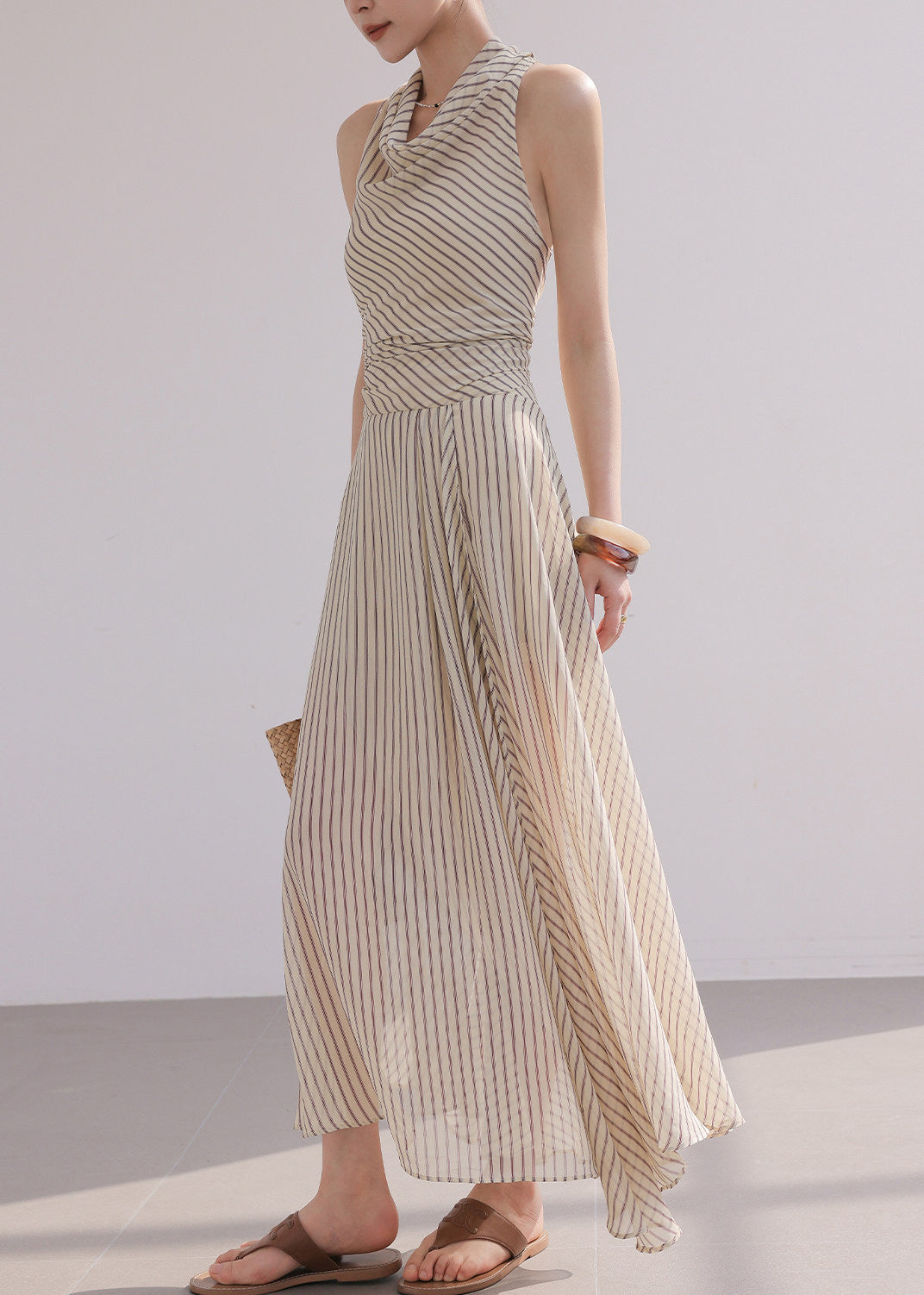 Vertical Stripe Cowl Neck Gathered Waist Maxi Dress 3