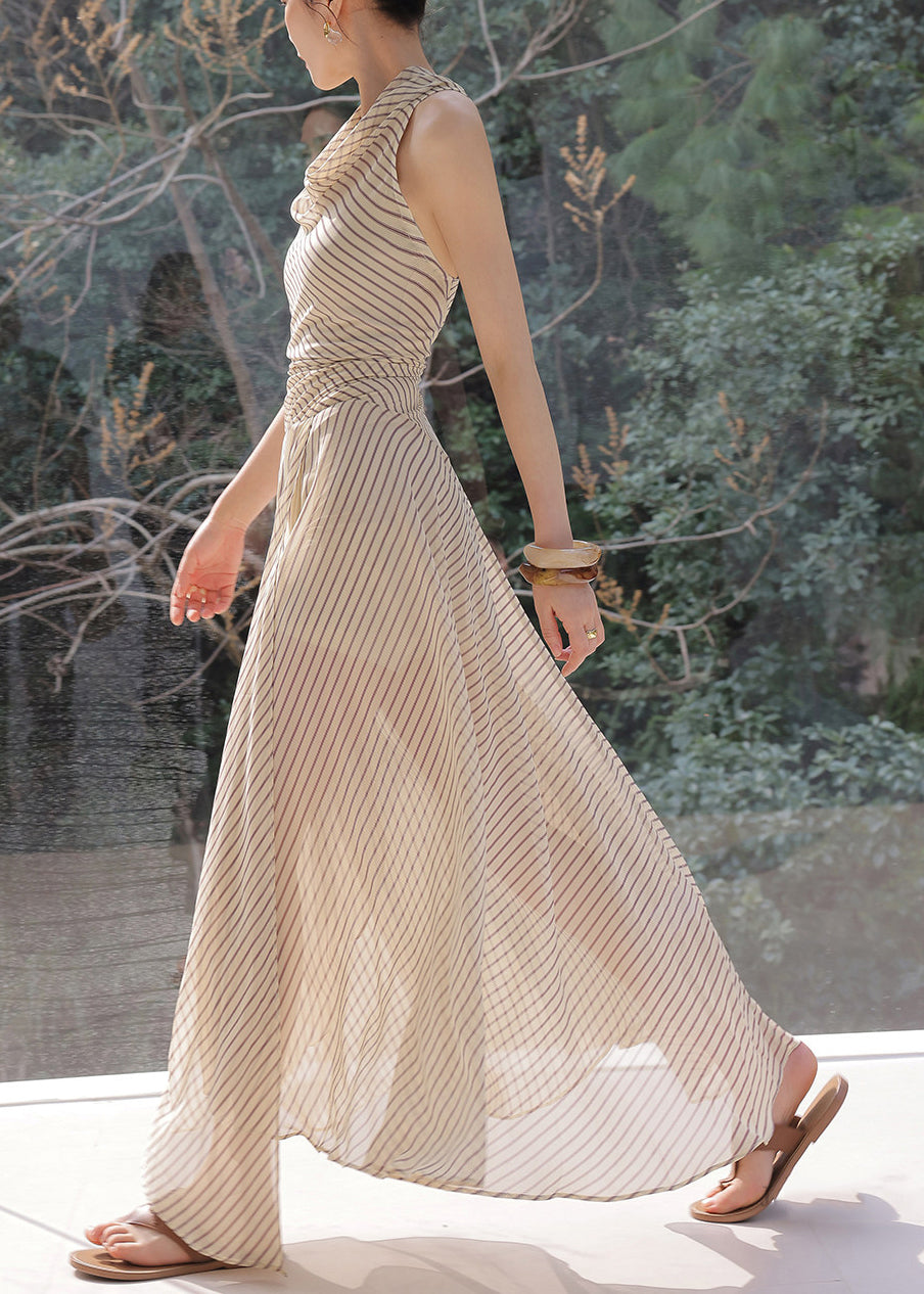 Vertical Stripe Cowl Neck Gathered Waist Maxi Dress 4