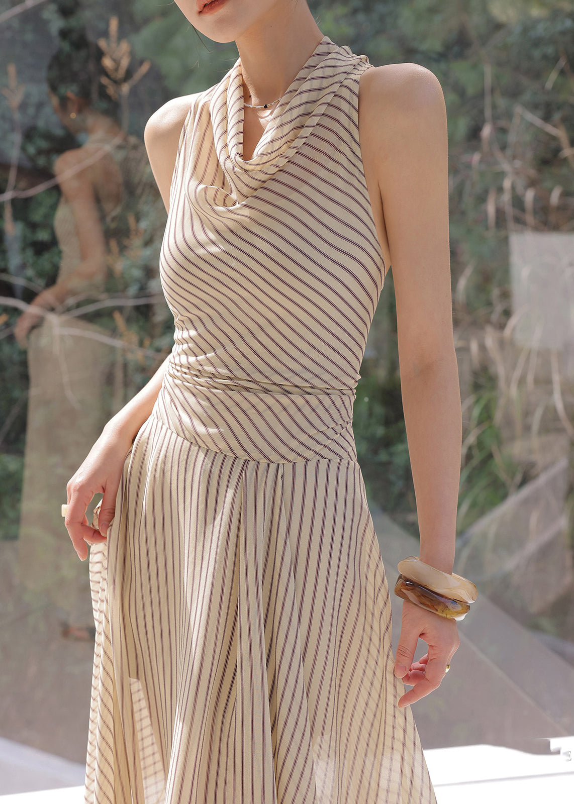 Vertical Stripe Cowl Neck Gathered Waist Maxi Dress 5