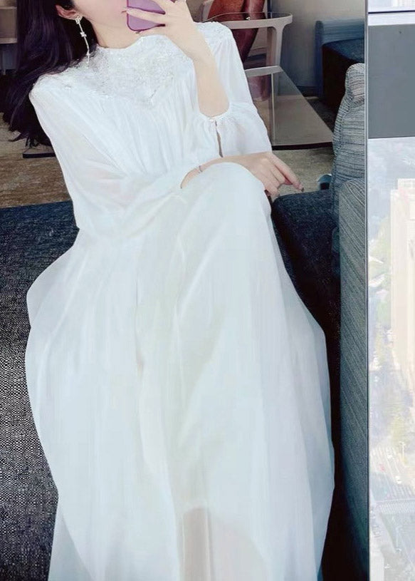 Embroidered Yoke Lantern Sleeve Pleated Chiffon Maxi Dress 3