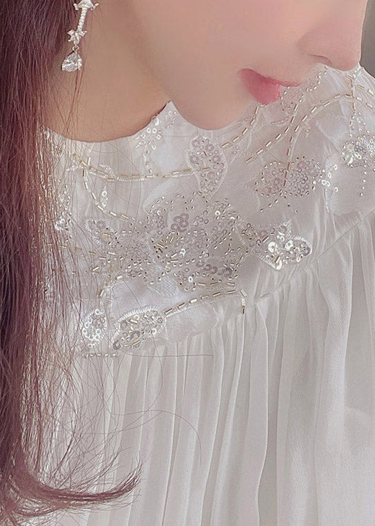 Embroidered Yoke Lantern Sleeve Pleated Chiffon Maxi Dress 4